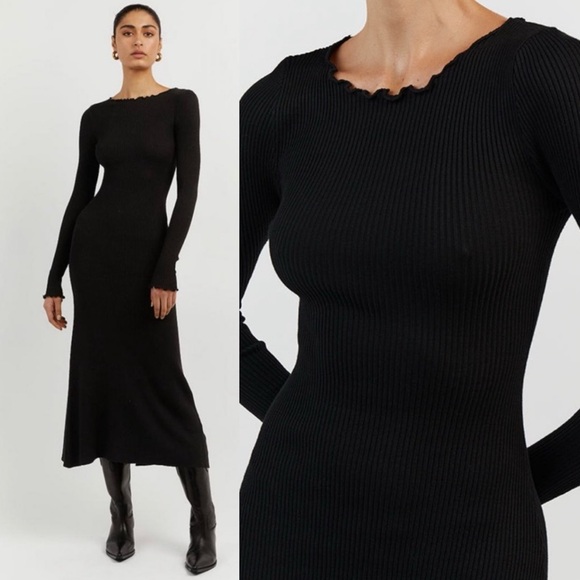 DISSH Sophia Ribbed Knit Long Sleeve Midi Dress Black - Picture 7 of 7